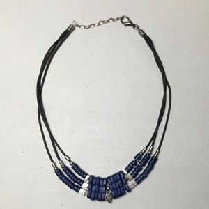 Three strand Blue ****DYED****stone necklace, oblong & disc beads, accents